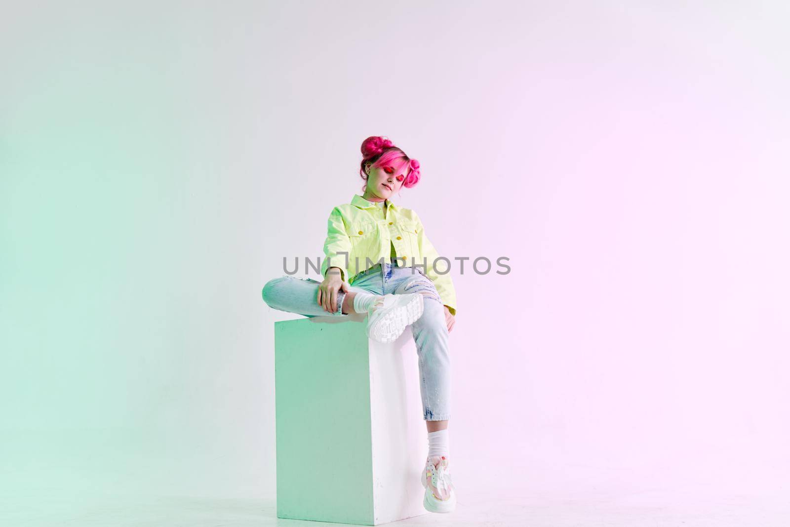 hipster woman with pink hair creative lifestyle fun design. High quality photo