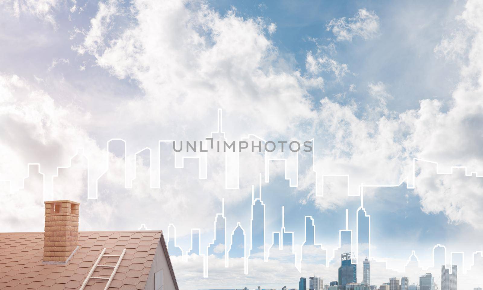 Brick house roof and modern cityscape at background