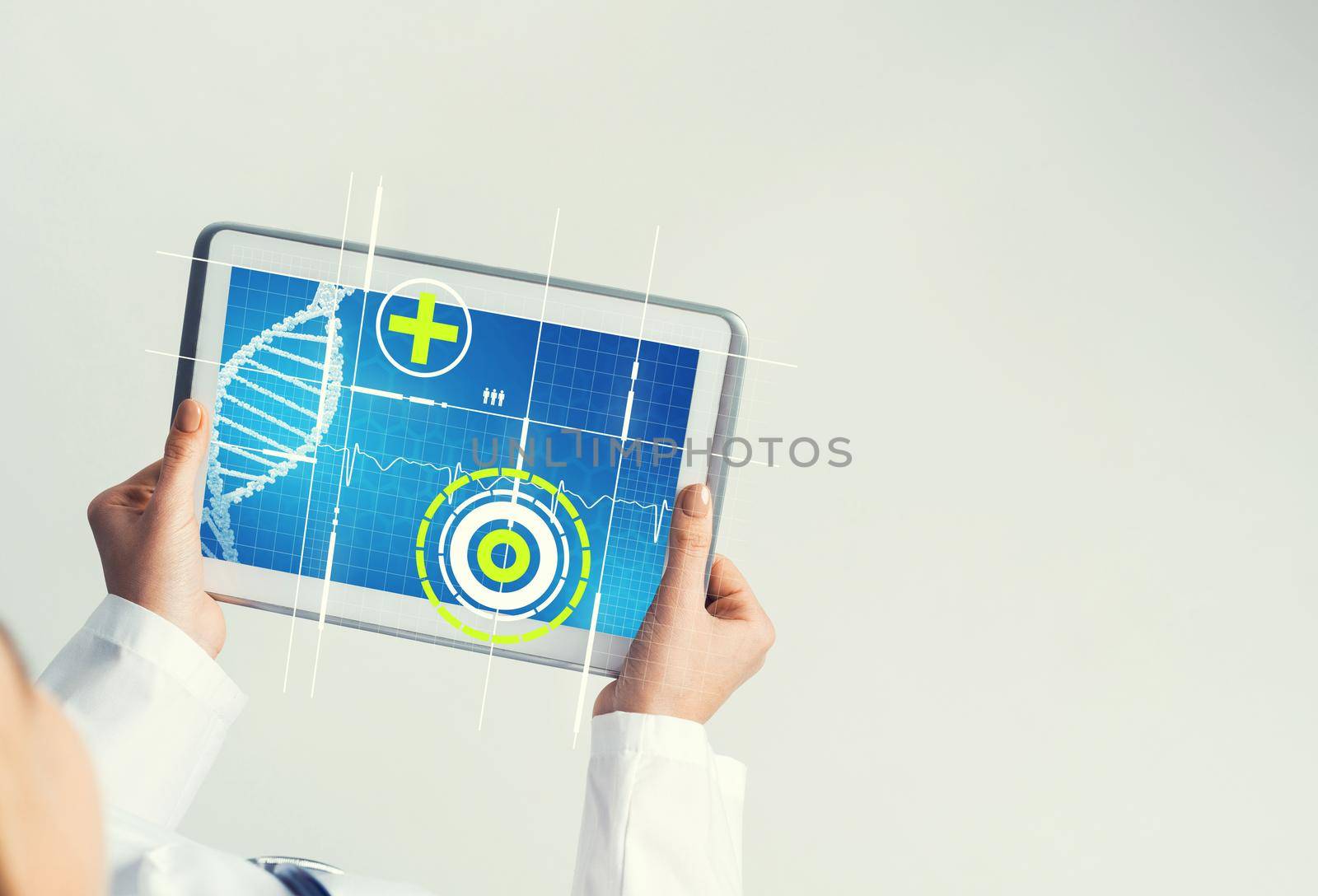 Tablet pc device with medicine interface screen in hands of doctor