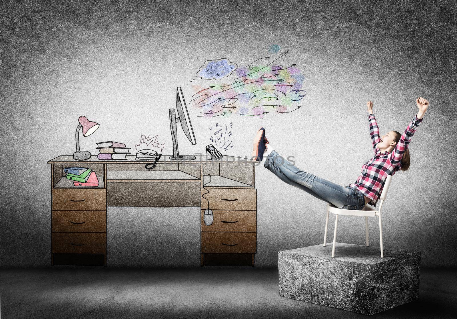 Young happy woman relaxing in room. Creative freelance designer sitting on chair and putting feets on table. Home workspace with computer on desk illustration on cancer wall. Relaxed workday