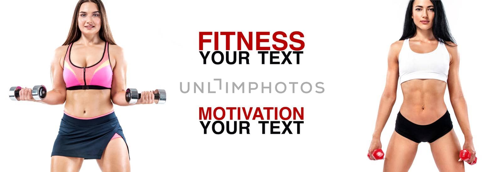 Fitness women athlete with dumbbells. Template, banner or poster for sport ads. White background. by MikeOrlov