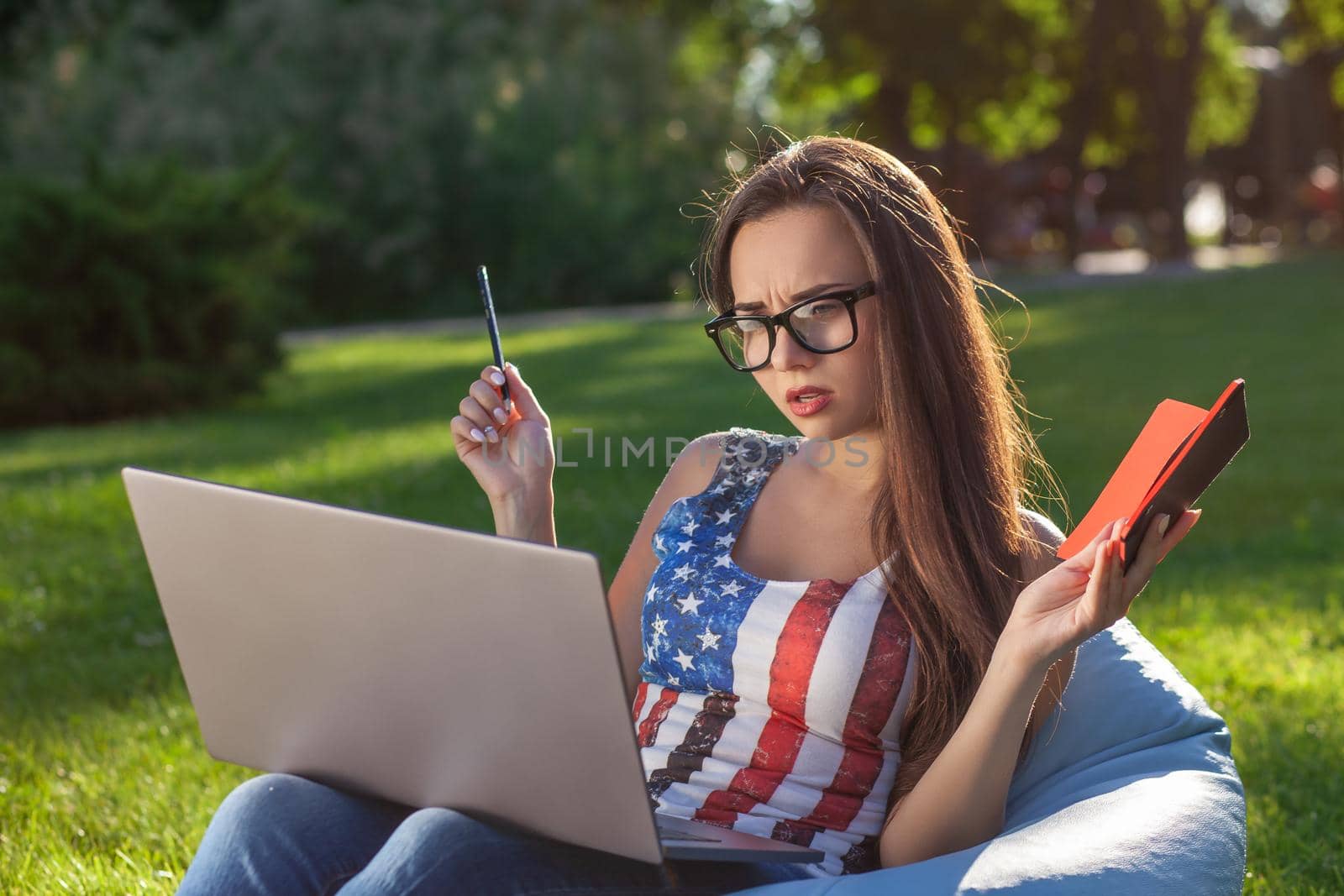 Young cute girl with laptop, sit on bean bag in garden or park, on green grass. Success small business, modern lifestyle, information technology, or online shopping concept