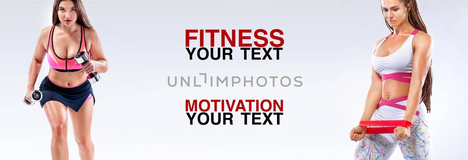 Fitness women athlete with dumbbells and bands. Template, banner or poster for sport ads. White background. by MikeOrlov
