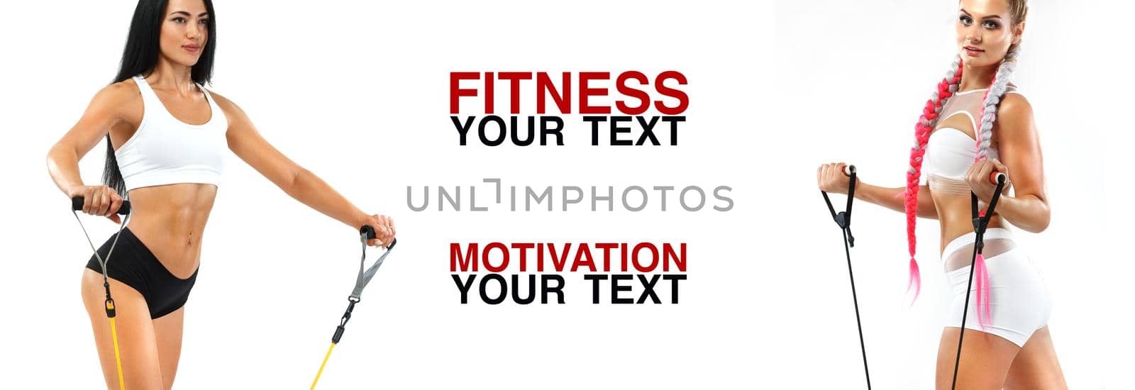 Fitness women athlete with expander. Template, banner or poster for sport ads. White background. by MikeOrlov