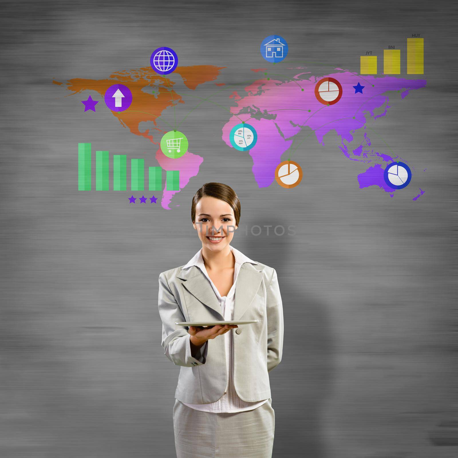 Businesswoman presenting tablet pc and color icons at background