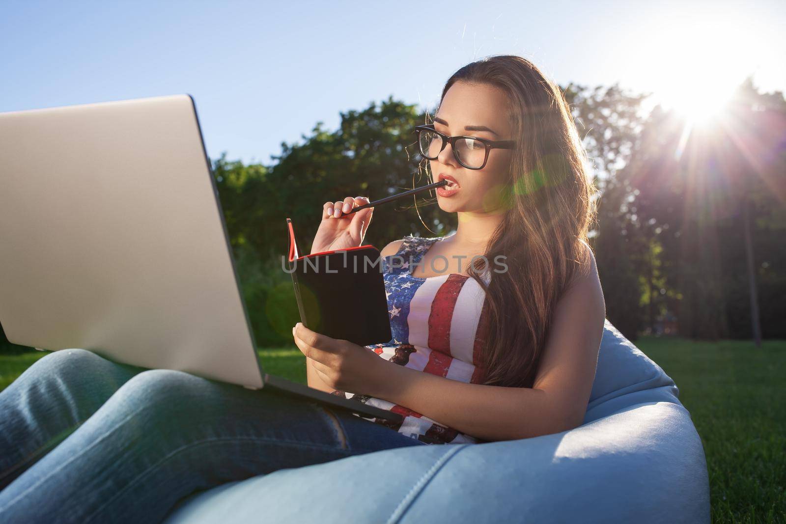 Pretty young woman sitting on bean bag use laptop while resting on grass in park on the sun by nazarovsergey