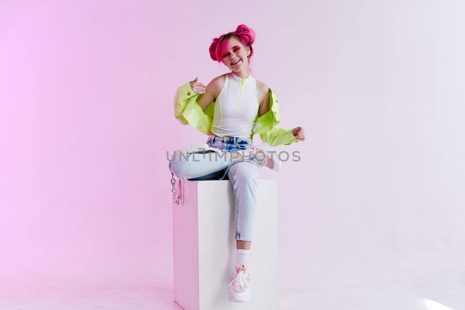 cheerful woman in youth clothing collage neon background. High quality photo