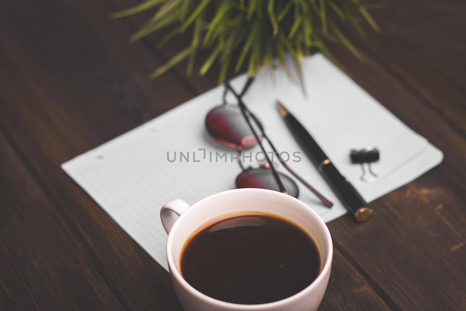 coffee cup notepad with pen learning desk office. High quality photo