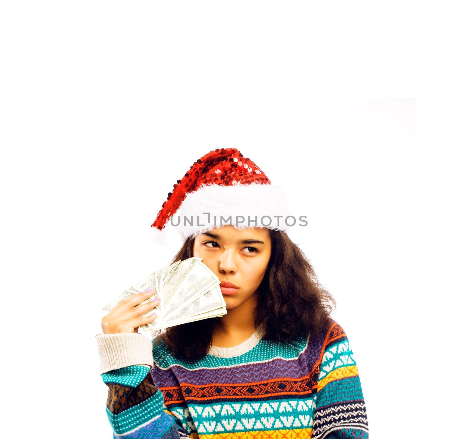 cute young real african real hipster girl in santas red hat isolated on white background waiting for winter Christmass