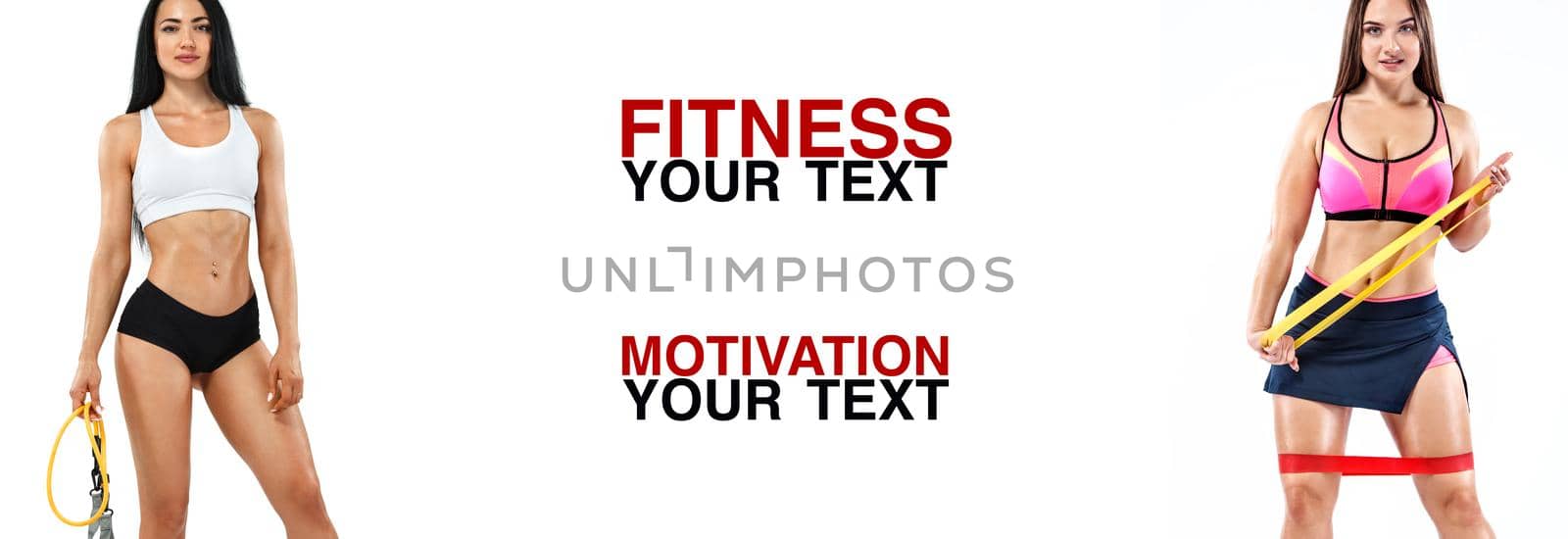 Fitness women athlete with bands or expander. Template, banner or poster for sport ads. White background. by MikeOrlov