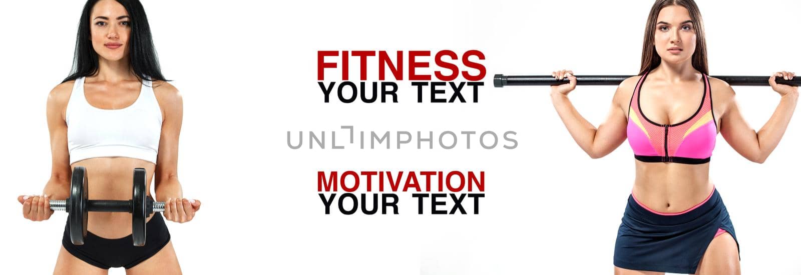 Fitness women athlete with dumbbells. Template, banner or poster for sport ads. White background. by MikeOrlov