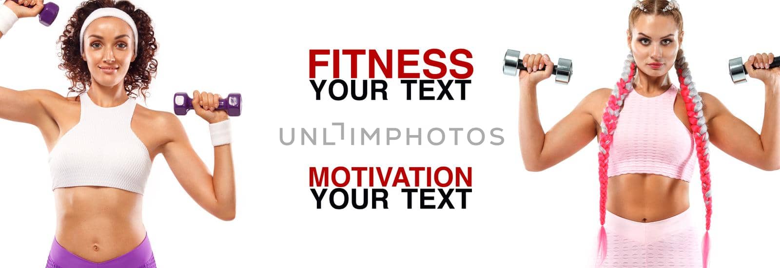 Fitness women athlete with dumbbells. Template, banner or poster for sport ads. White background. by MikeOrlov
