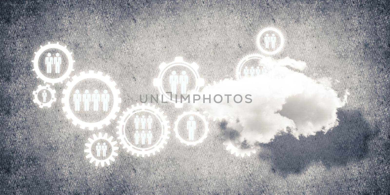 Background image with gears and cloud computing connection concept on concrete wall