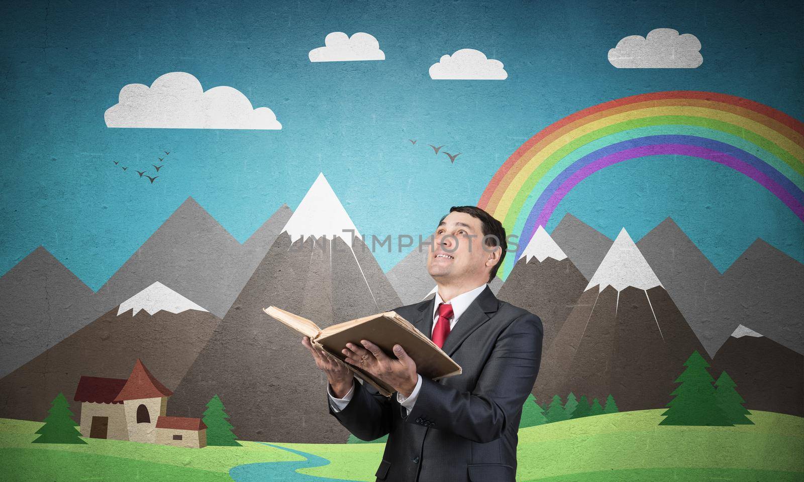 Happy businessman holding open book. Portrait of smiling adult man in business suit and tie standing on background of nature landscape with mountains and rainbow illustration. Education and knowledges