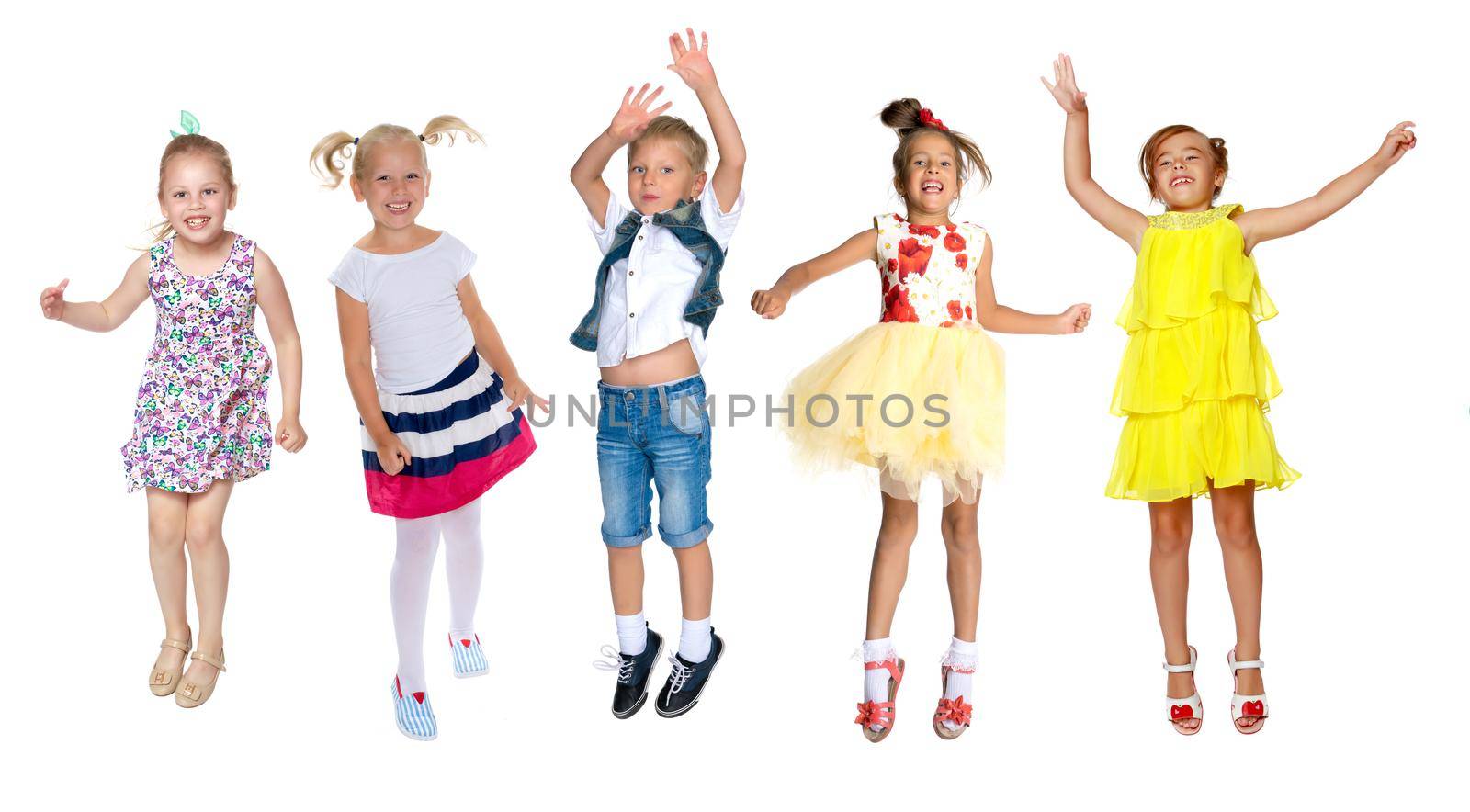Collage, happy children jump by kolesnikov_studio