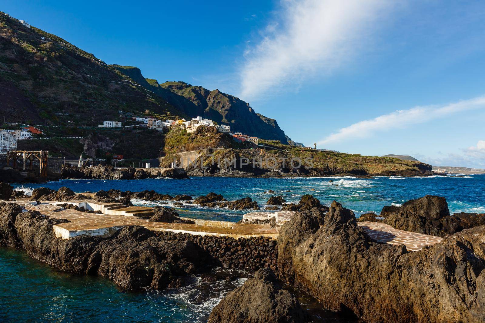 Aerial view of Garachico village on the coast of Atlantic ocean in Tenerife island of Spain