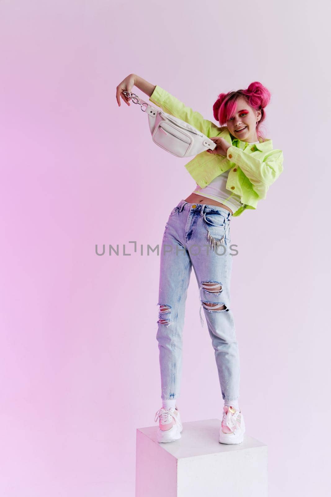 hipster woman with pink hair creative lifestyle fun design. High quality photo