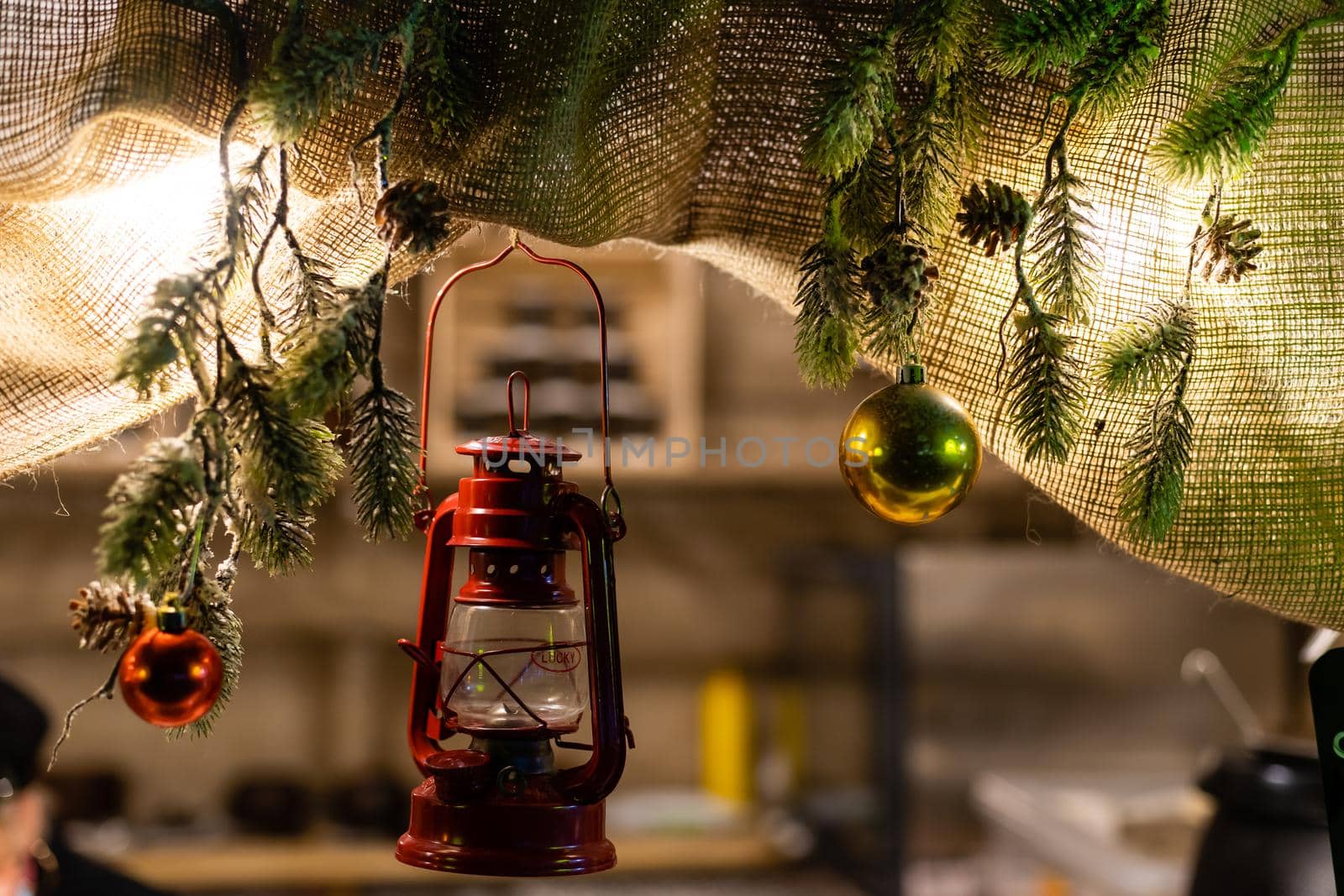 Christmas decor on wall background. sackcloth