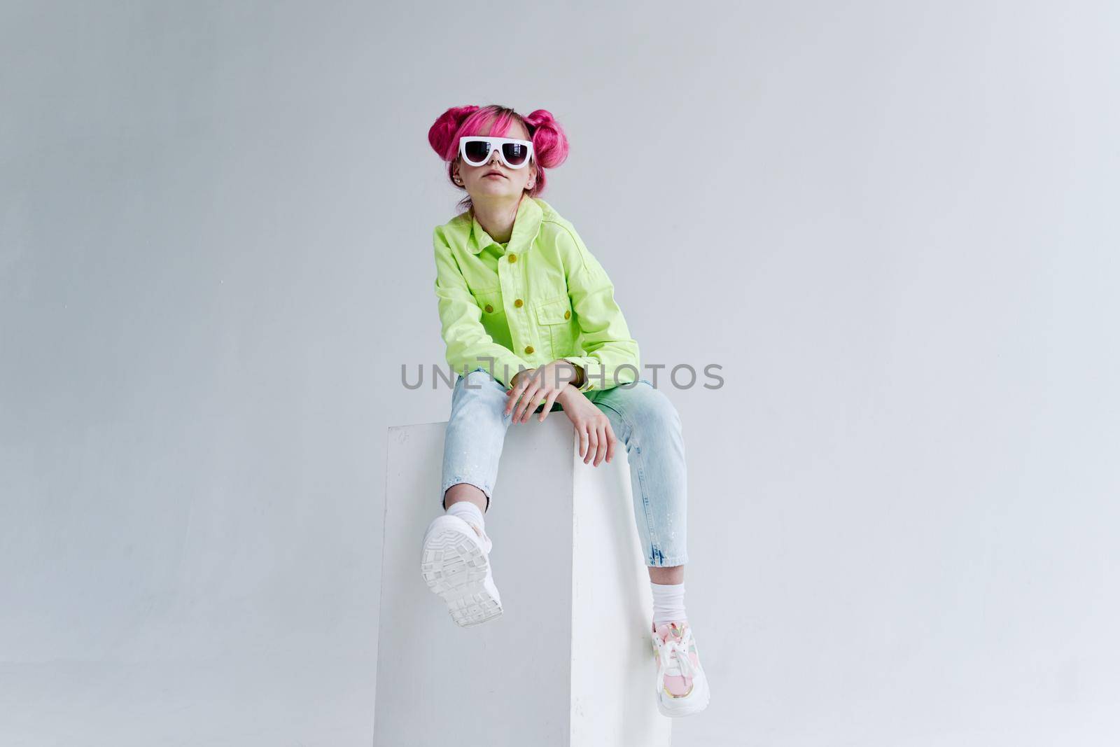 hipster woman pink hair posing fashion clothes isolated background. High quality photo