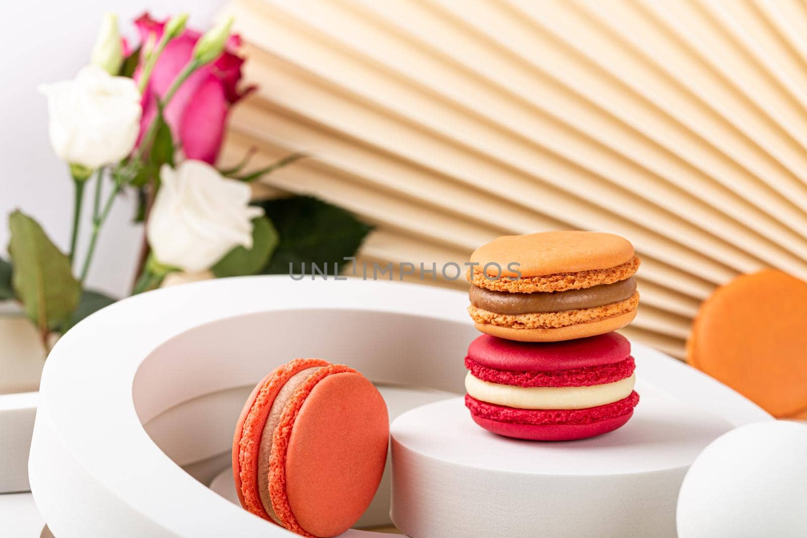 Delicious macaron or macaroon cookies with white circles and flowers on beige background, colorful almond small cakes, Birthday, Mothers day, Woman day greetings card