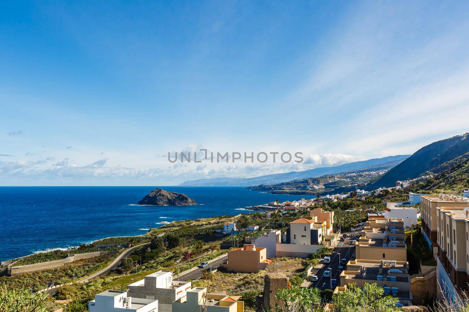 Aerial view of Garachico village on the coast of Atlantic ocean in Tenerife island of Spain