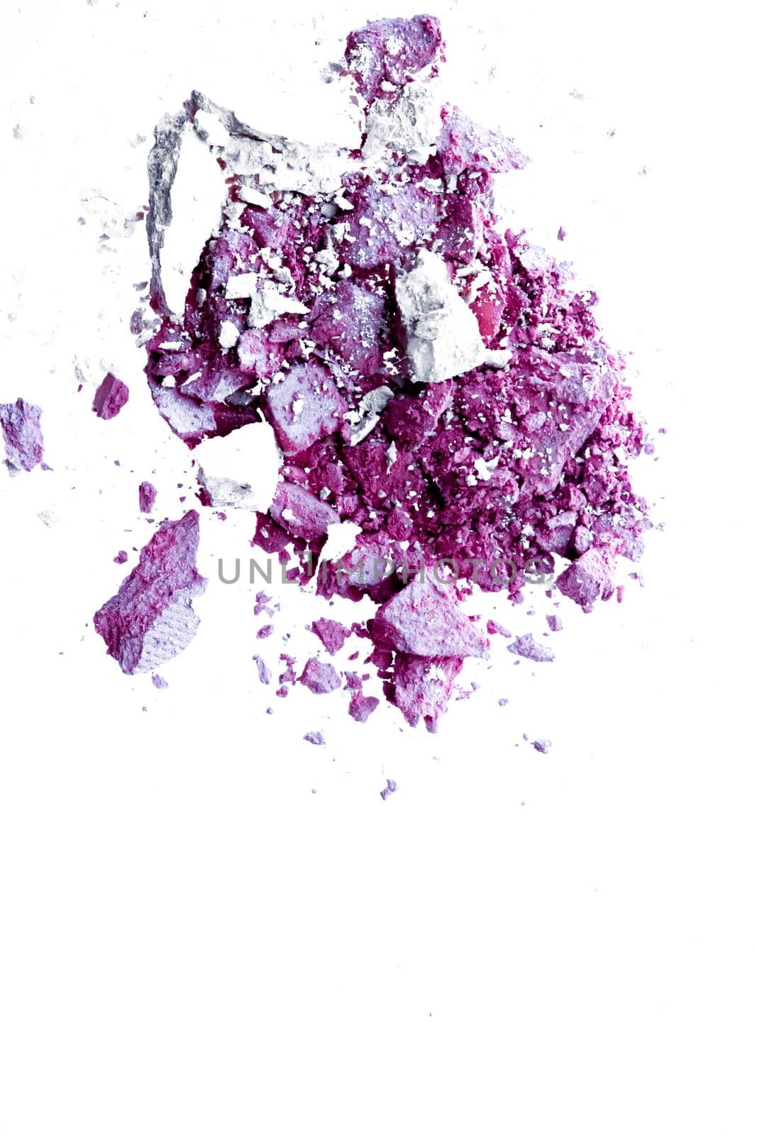 Powder cosmetics, mineral organic eyeshadow, blush or crushed cosmetic product isolated on white background, makeup and beauty banner, flatlay design.