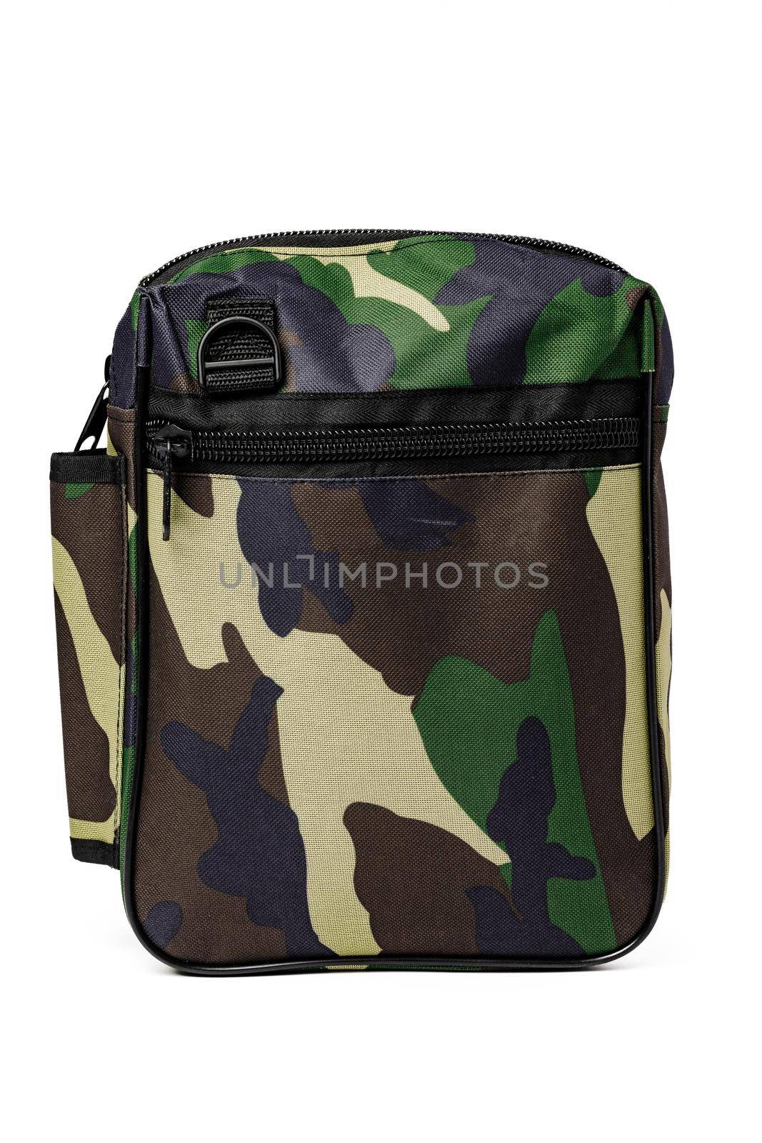 Travel military bag isolated on white background close up
