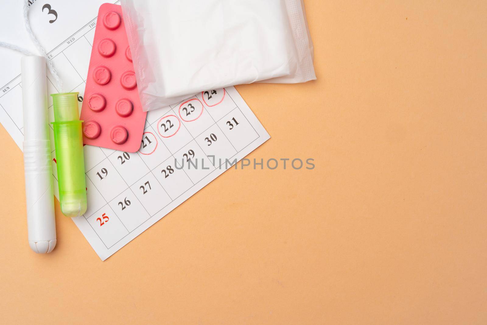 Menstruation calendar with sanitary pads and tampons, pills by Fabrikasimf