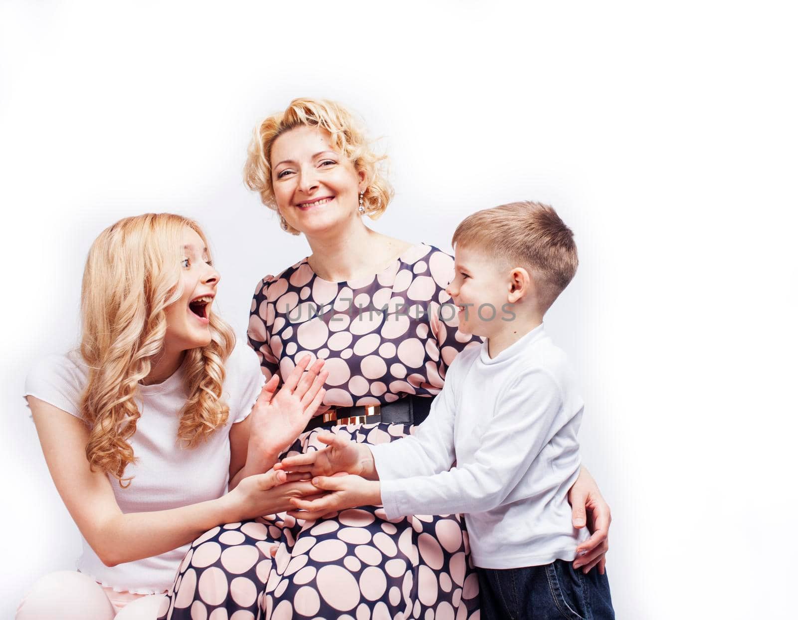 happy smiling blond family together posing cheerful on white background, generation concept. lifestyle people close up
