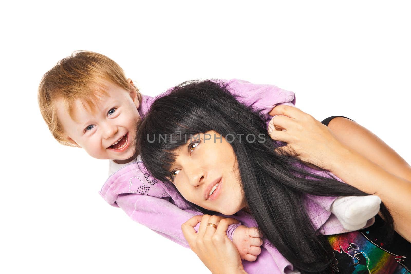 Happy cheerful family. Mother holding her baby isolated over white