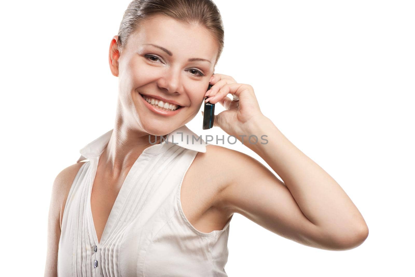 young beautiful business woman with phone isolated over a white background