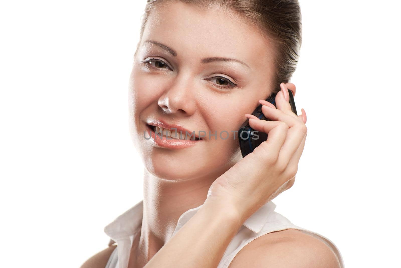 young beautiful business woman with phone isolated over a white background