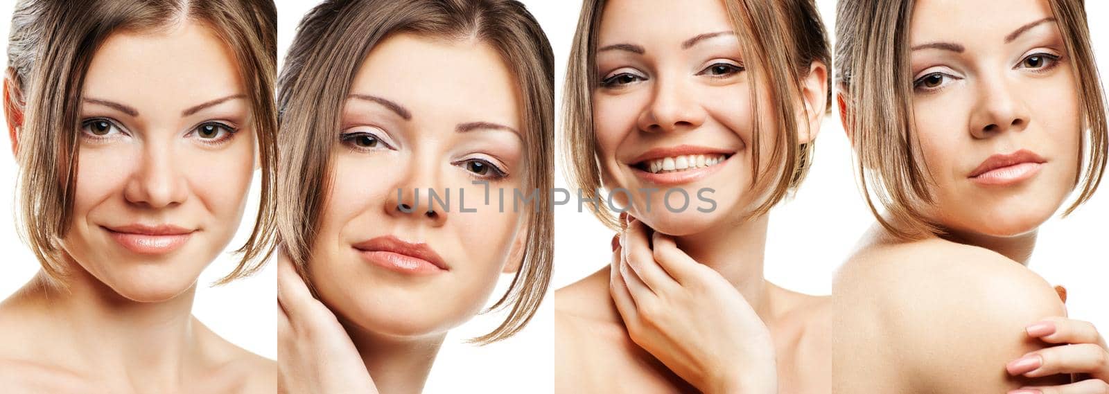 collage of a beautiful woman with perfect clean skin on white background