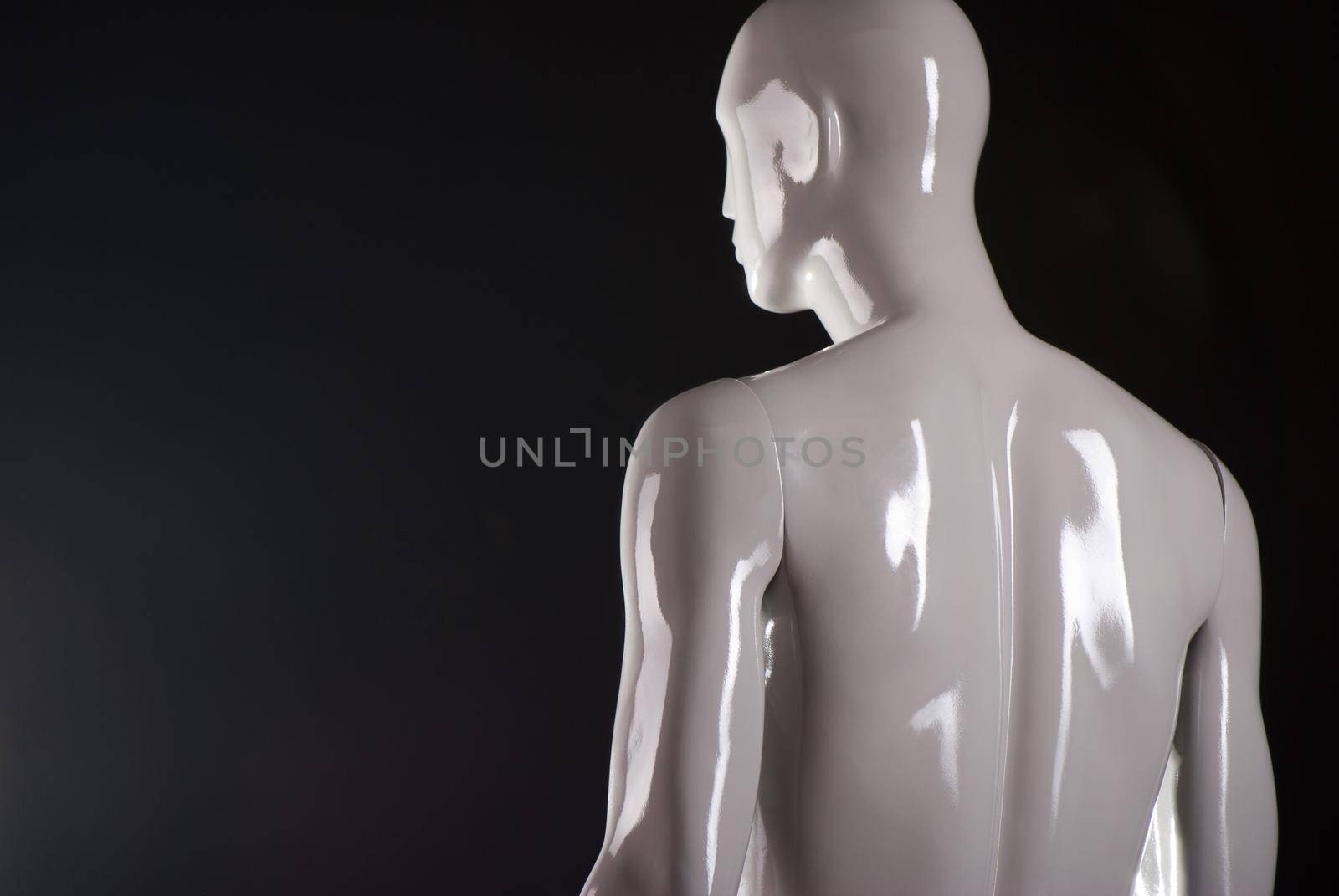 Rear view of male fashion mannequin against a black background