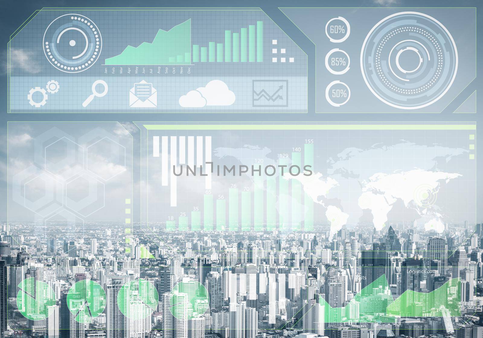 Stock market charts on background of financial district of megapolis city. Digital economy and trading. Risk management and strategy planning. Modern financial technology and data visualization