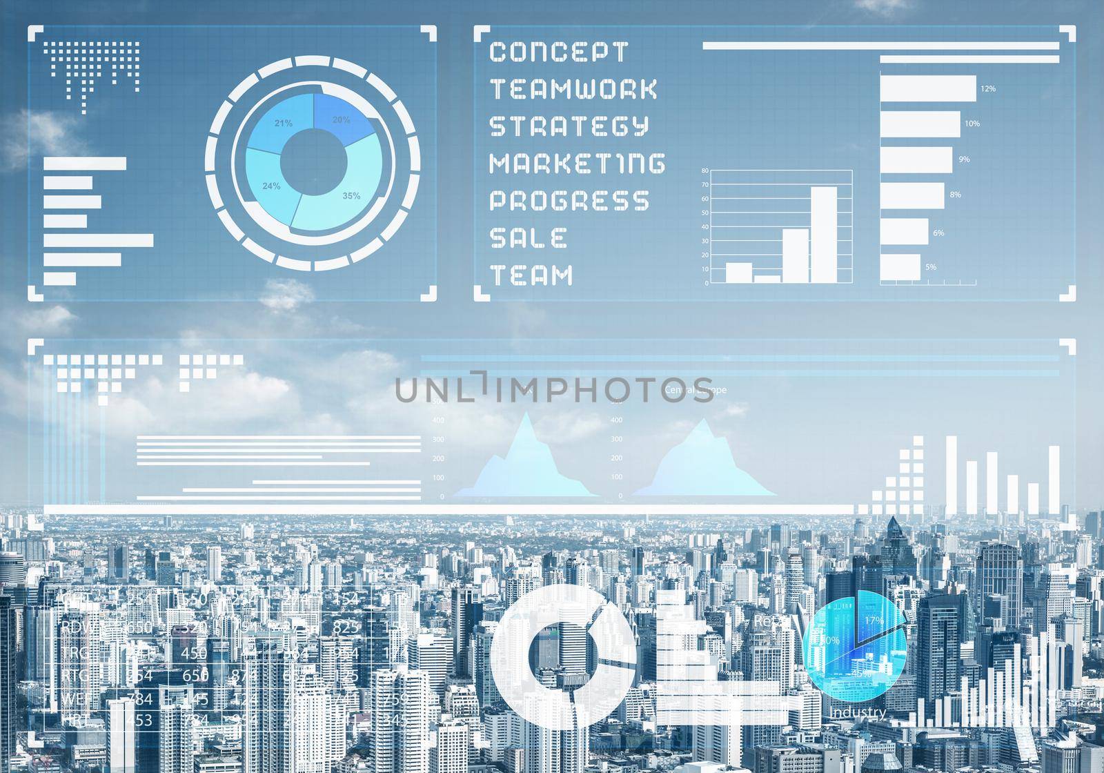 Double exposure business concept with abstract stock market data on background of modern cityscape. Virtual interface of online trading platform. Digital economic indexes, analytics and statistics.