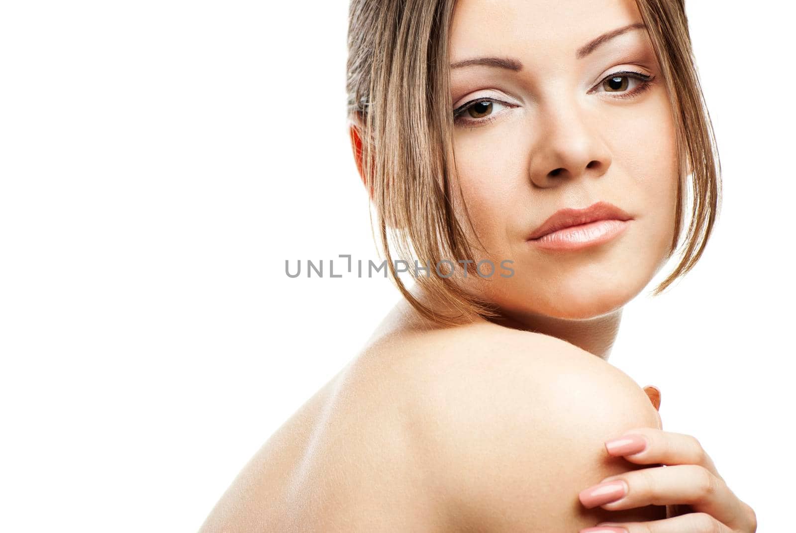 Portrait of young beautiful woman on white background