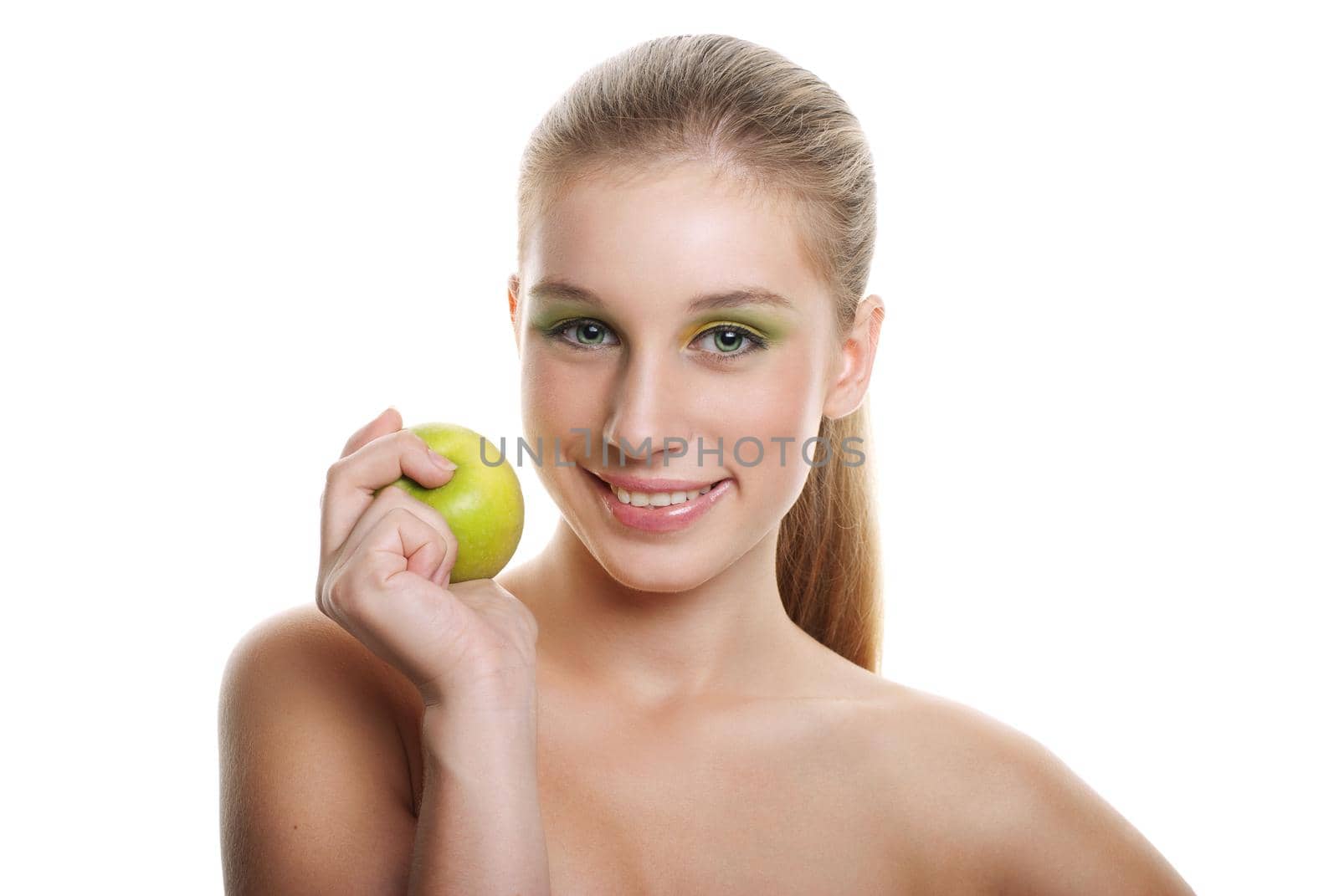 Young happy smiling woman with apple, isolated on white