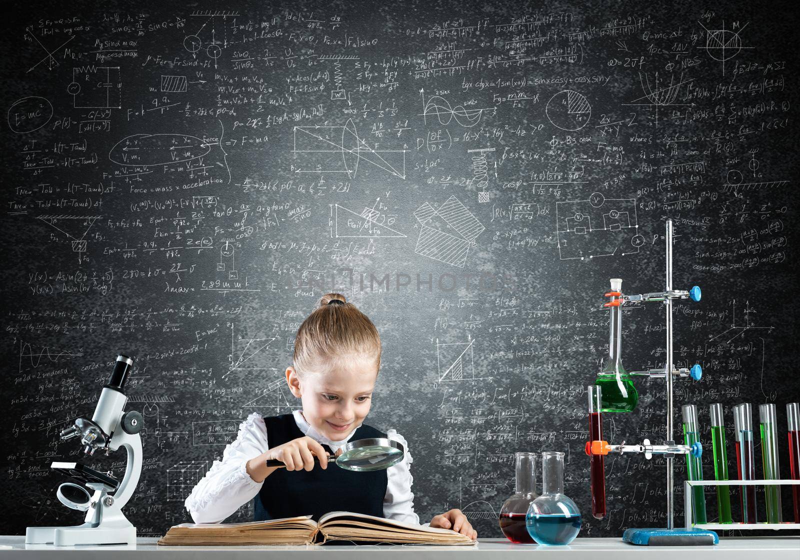 Little girl sitting at desk with magnifier and open book. Research and education in school. Happy schoolgirl in school wear carefully studying book. Clever girl reading book with magnifying glass.