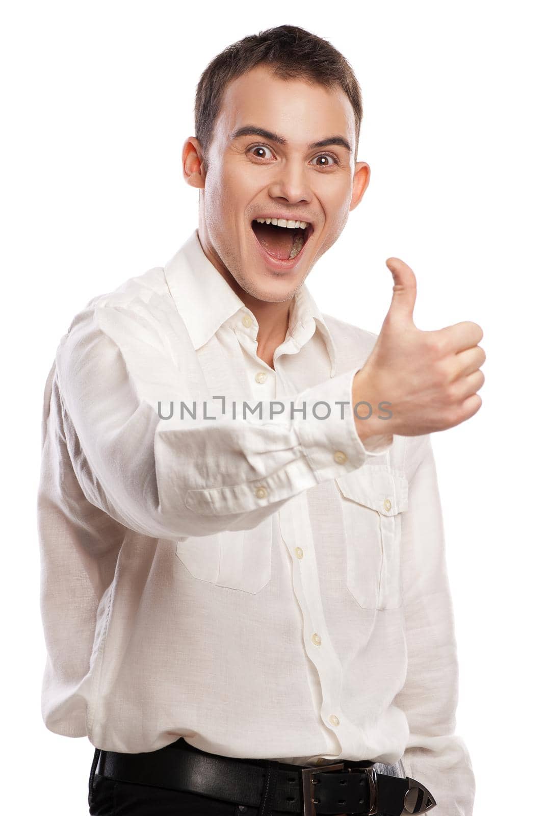 Business man making the ok gesture isolated over white