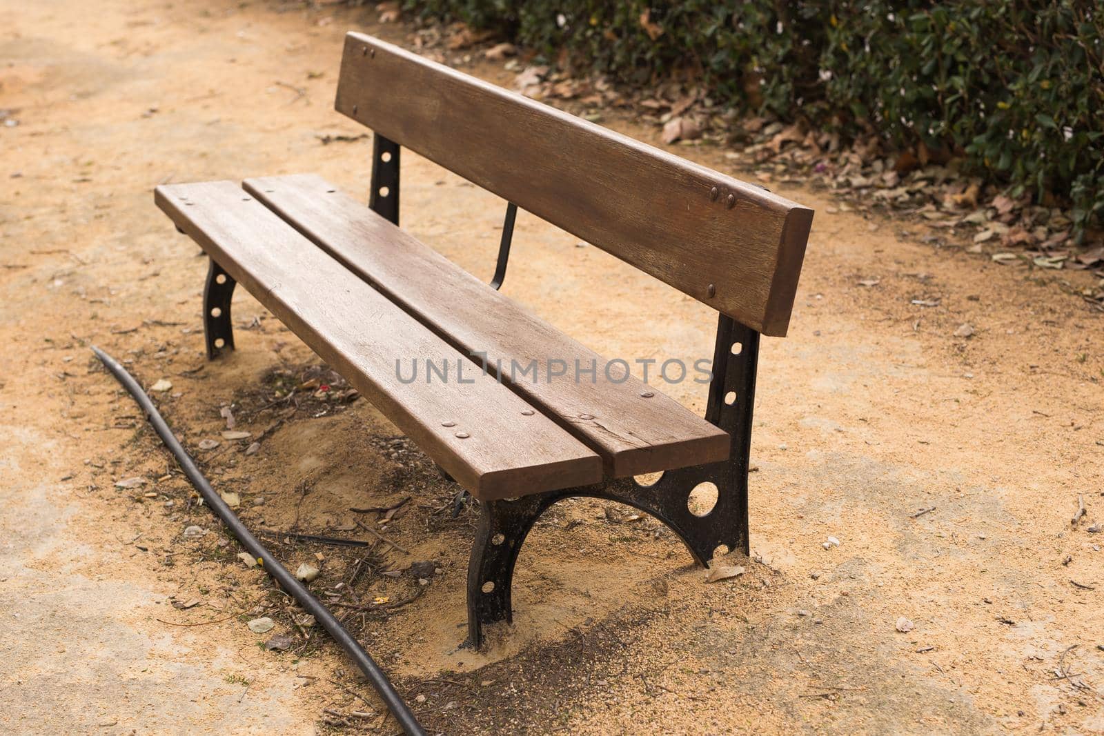 Wooden bench in the city park outdoors.