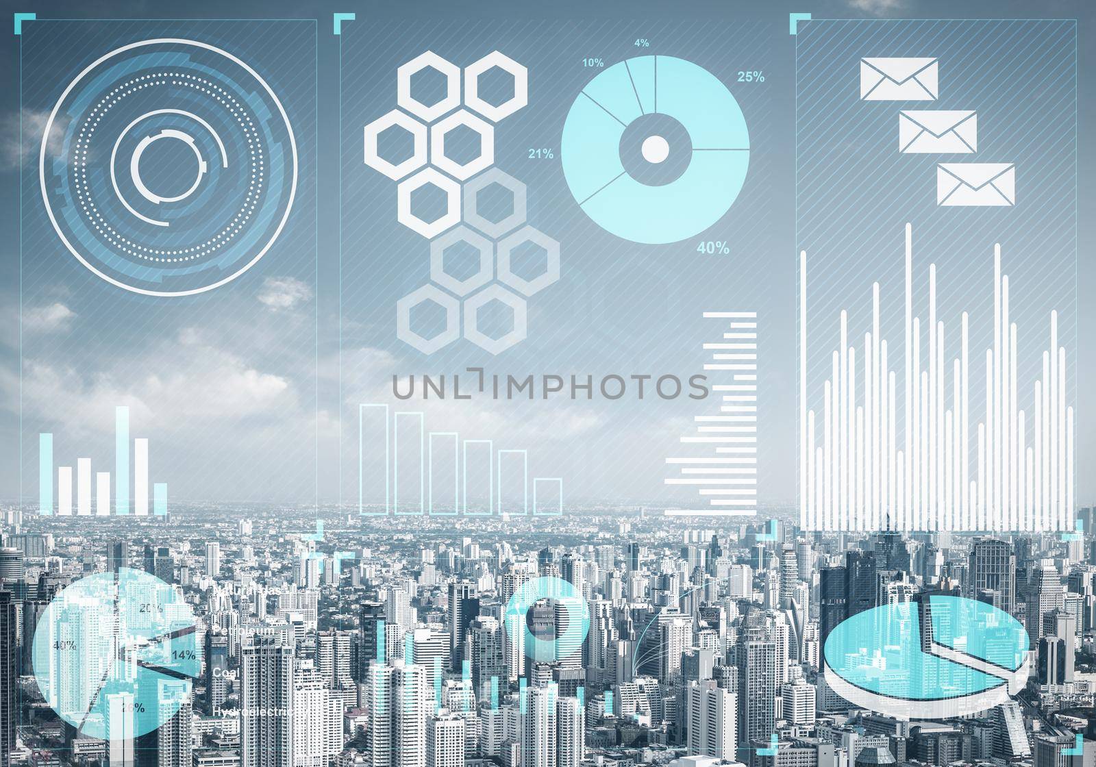 Double exposure business concept with abstract financial graphics on background of modern business district. Digital economy and global online trading. Investment management and strategy planning