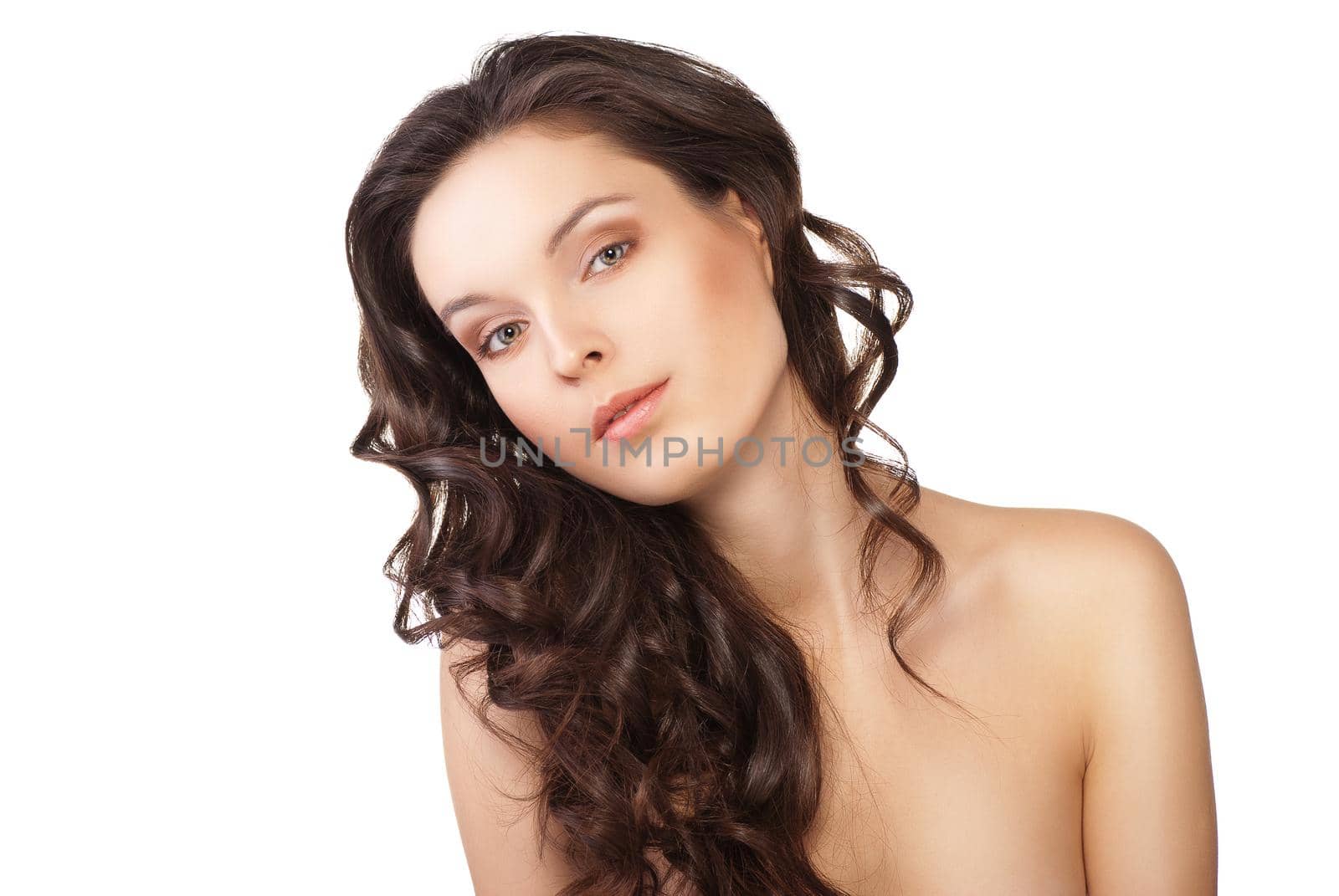 Woman with beauty long brown hair - posing at studio isolated