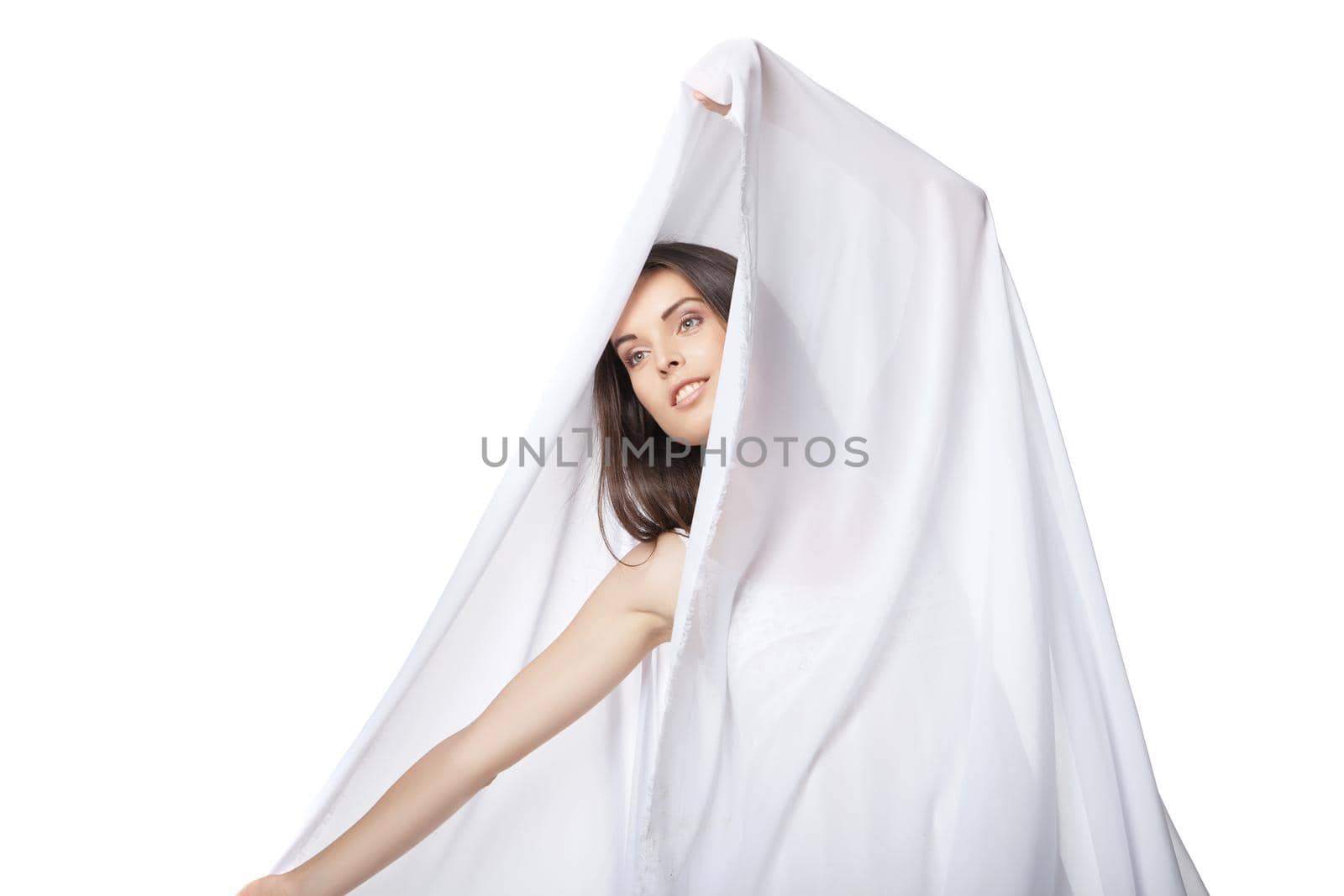 Smiling woman wearing white dress isolated by Julenochek