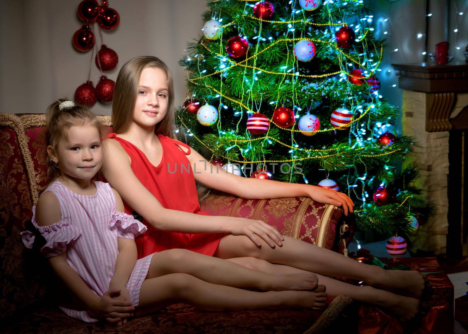 Lovely little girls on a Christmas night near the Christmas tree. The concept of holidays, happy childhood.