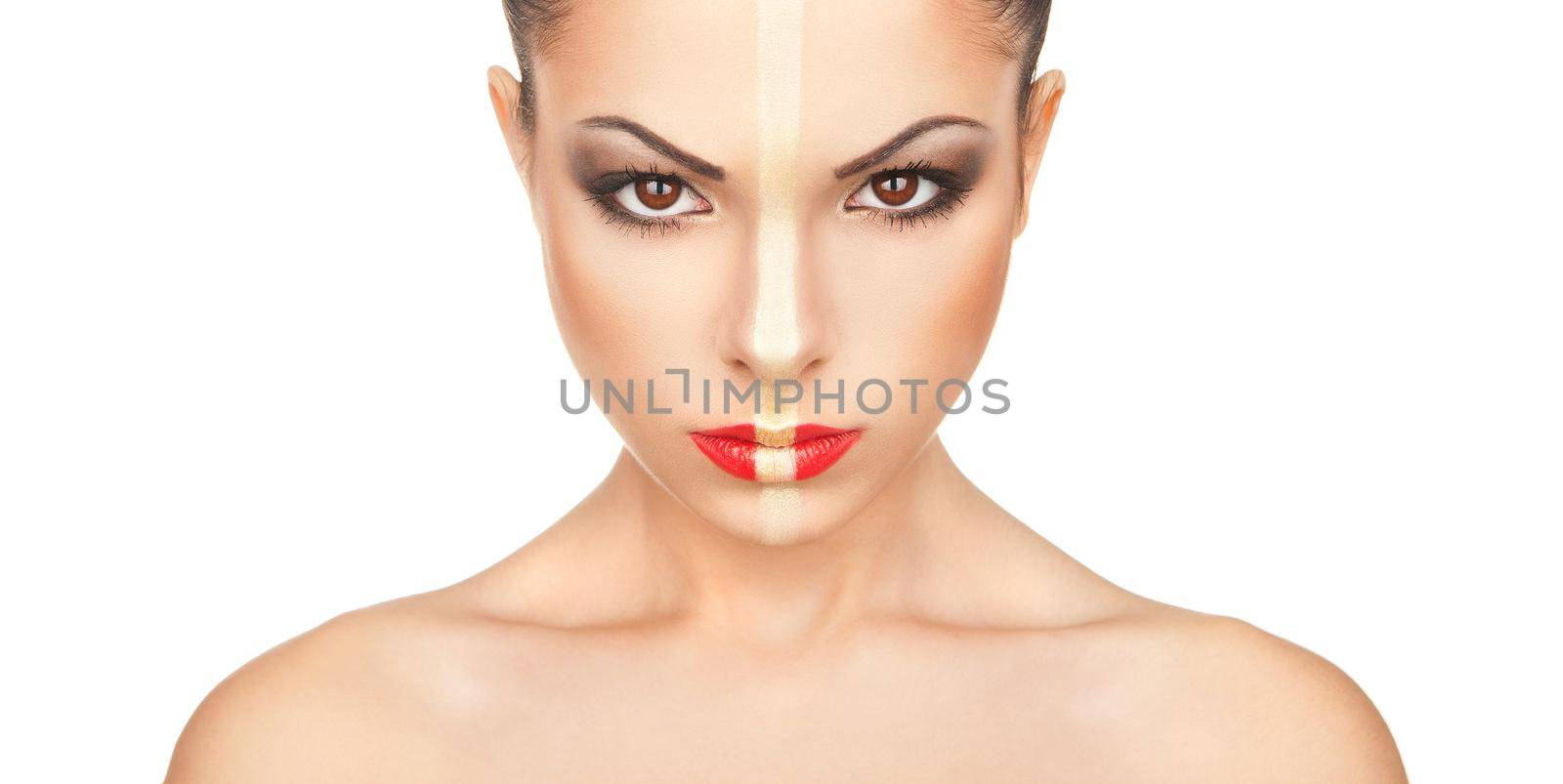 Beautiful Girl's Face.Creative christmas Makeup over white background