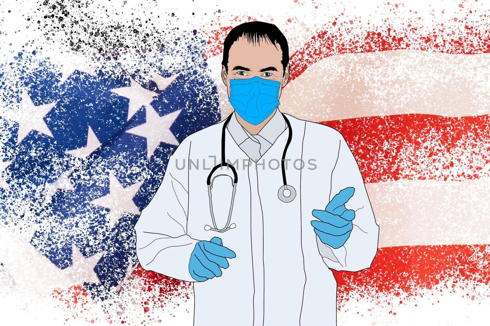 Young doctor in medical uniform on the background of the national flag of United States of America is holding a syringe. The concept of a new vaccine against the disease, flu vaccine vaccination. illustration.