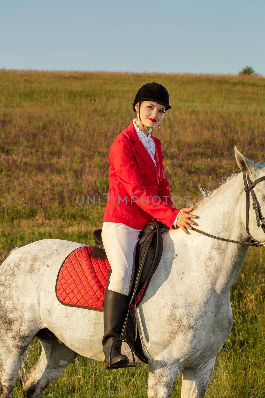 The sportswoman on a horse. The horsewoman on a red horse. Equestrianism. Horse riding racing. Rider on a horse.