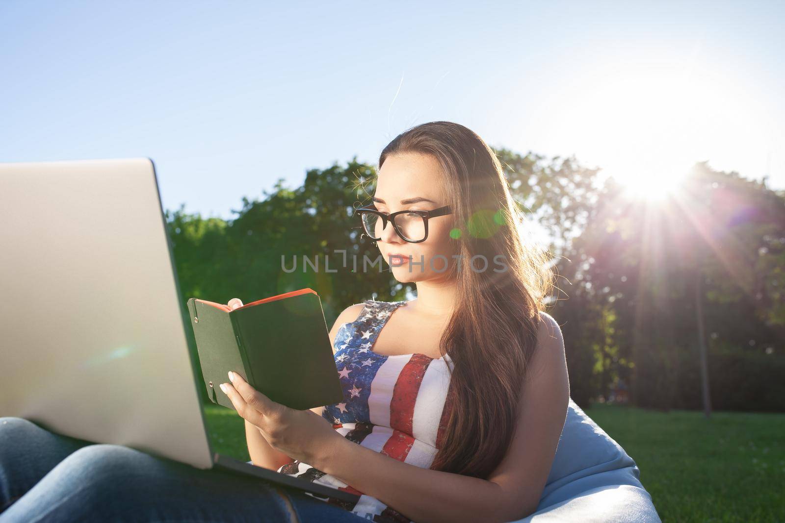 Pretty young woman sitting on bean bag use laptop while resting on grass in park on the sun by nazarovsergey