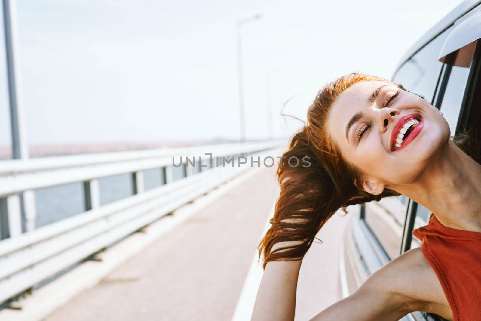 joyful woman trip travel fun vacation nature. High quality photo